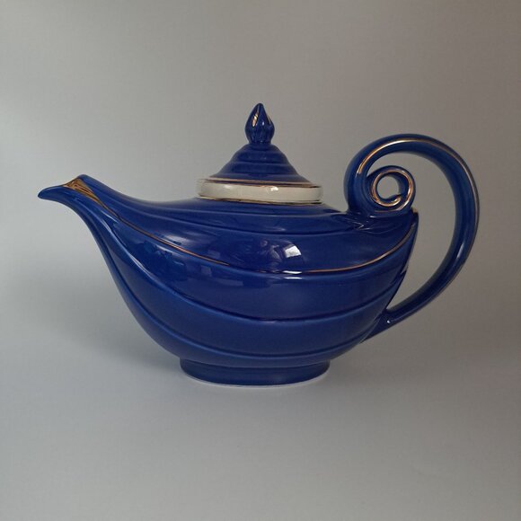 Hall Pottery Blue Gold Aladdin Lamp 6 Cup Teapot Tea Strainer MCM Genie-Inspired - Picture 4 of 16